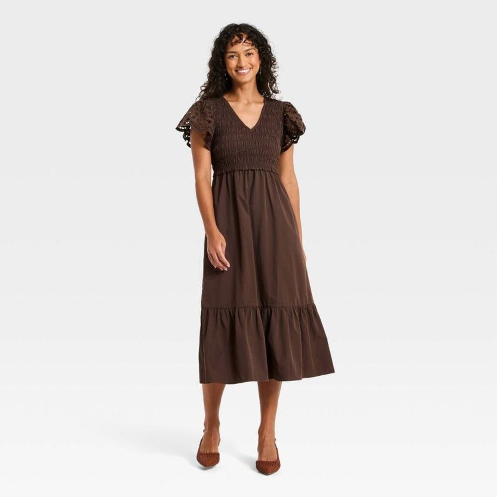 Universal Thread - Women's Flutter Short Sleeve Smocked Midi A-Line D Brown